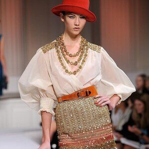 OSCAR DE LA RENTA Ivory Wrap Blouse Top Poet Sleeves Sequin Shoulder Cotton 8